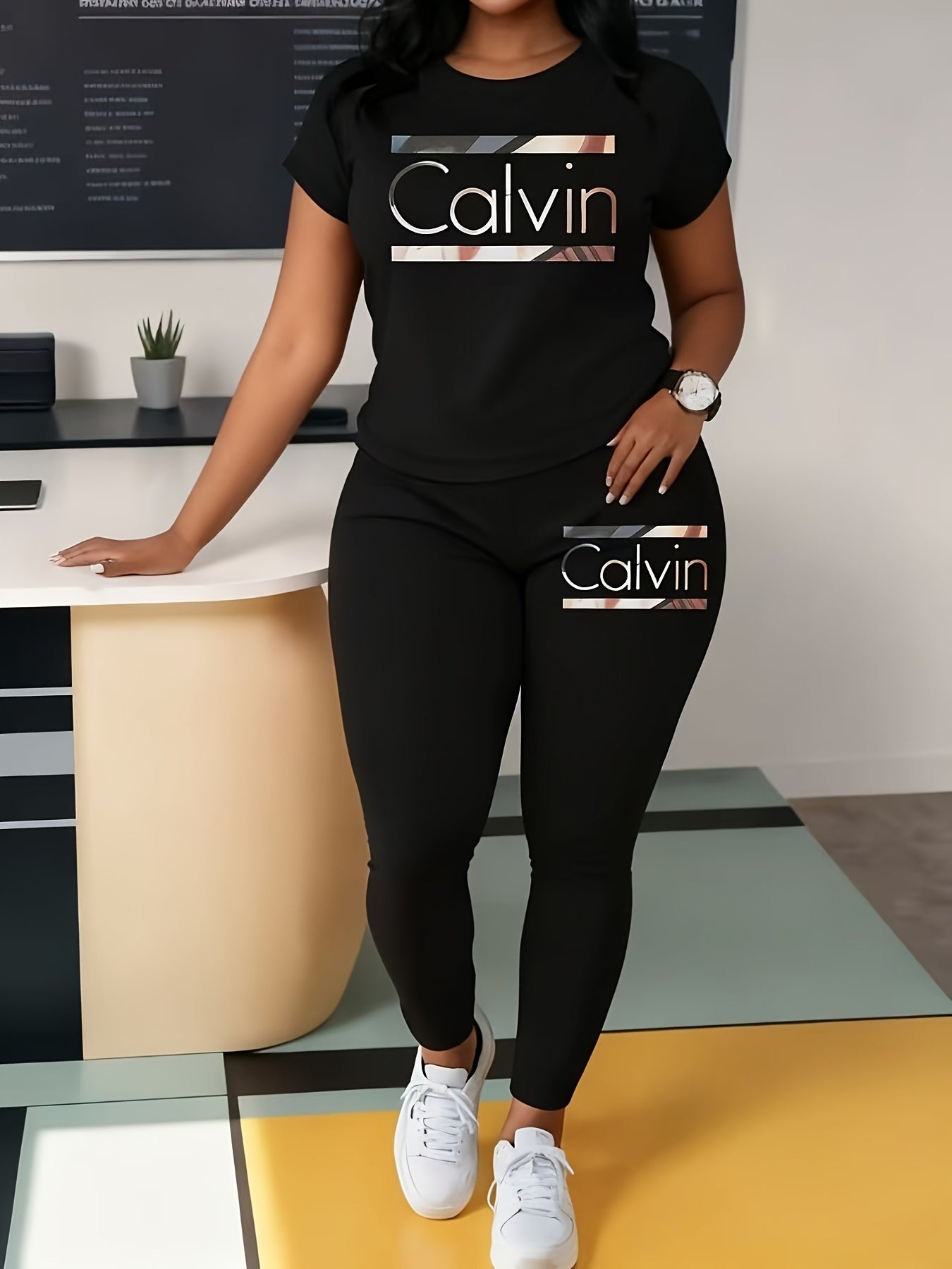 Women's Graphic Dress and Pants Set - Short Sleeve Two-Piece – Black option – view 2