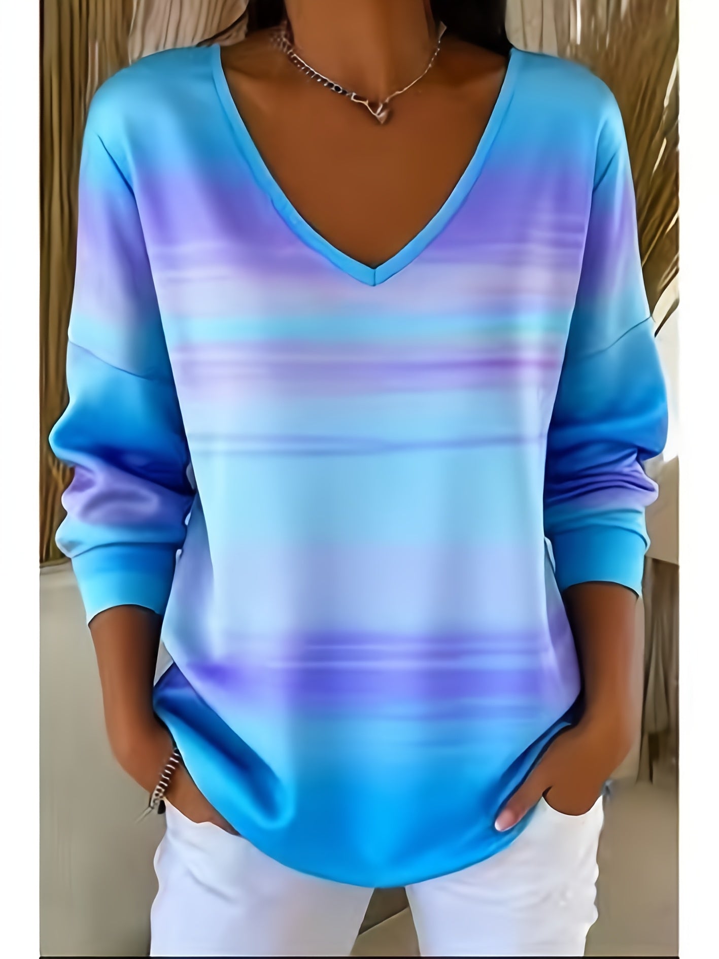 Women's Graphic Print Blouse - V-Neck Long Sleeve detail view