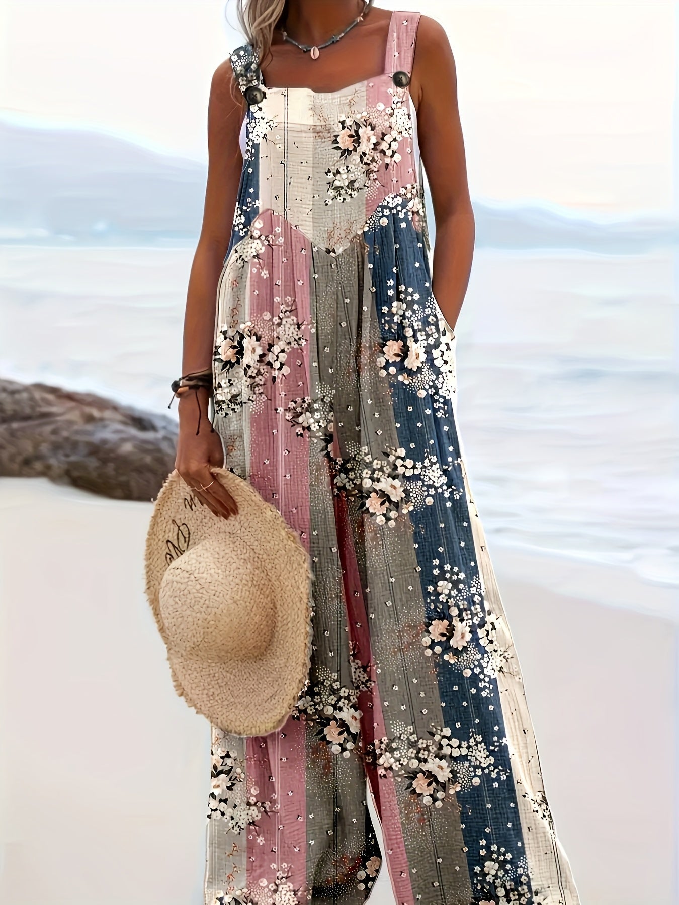 Women's Graphic Print Pantsuit - Square Neck Sleeveless detail view