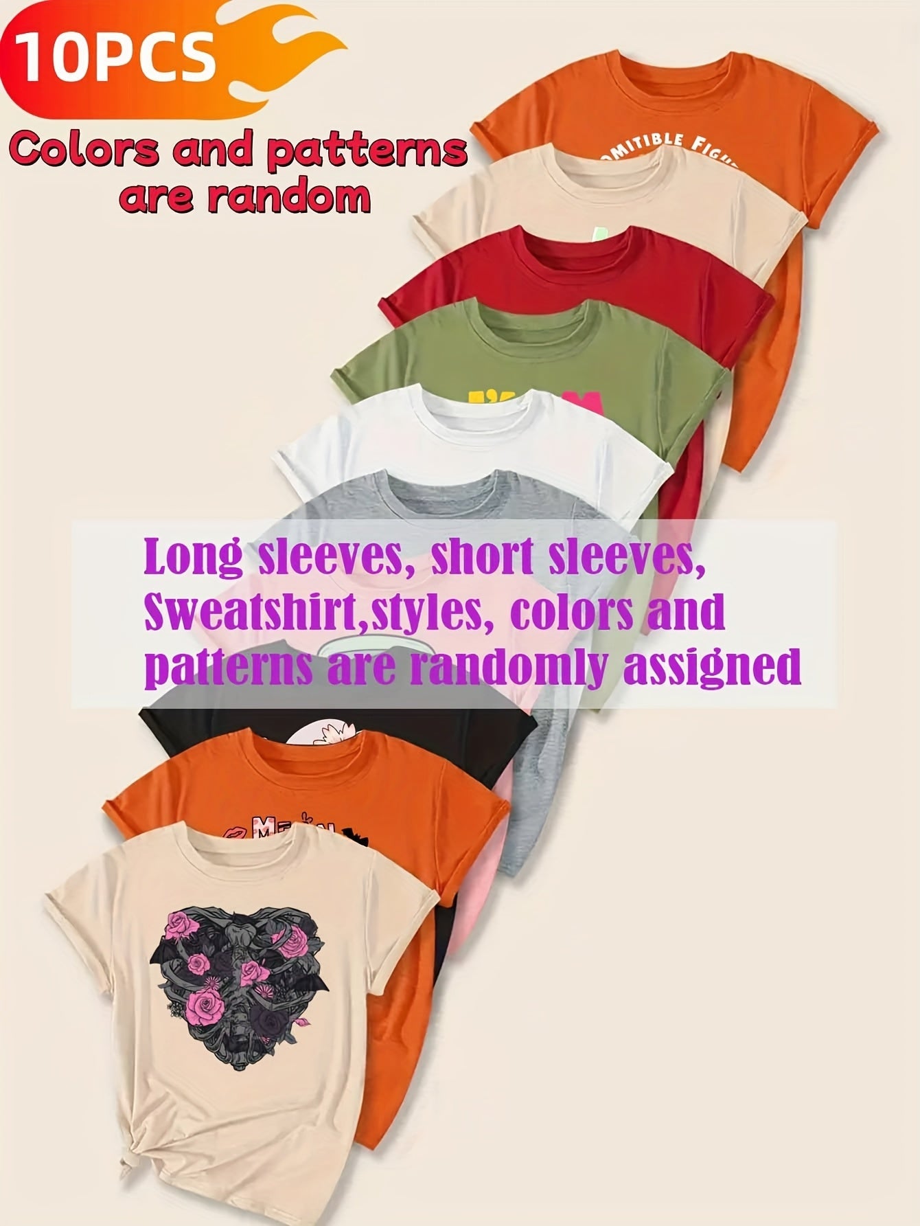 Women's Graphic Print T-Shirt - 10-Pack Round Neck Short Sleeve – Regular fit detail view