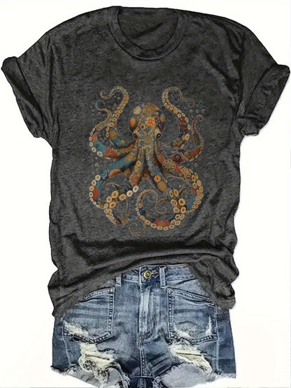 Women's Graphic Print T-Shirt - Crew Neck Short Sleeve – Dark Gray / 4-Variant Selection detail view