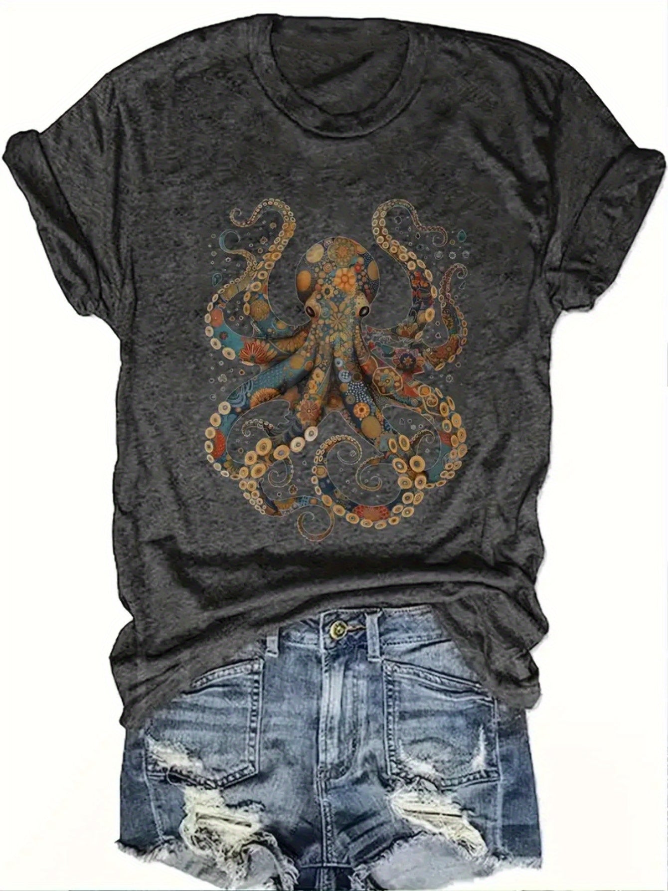Women's Graphic Print T-Shirt - Crew Neck Short Sleeve – Dark Gray / 4-Variant Selection – Gray option – main product image