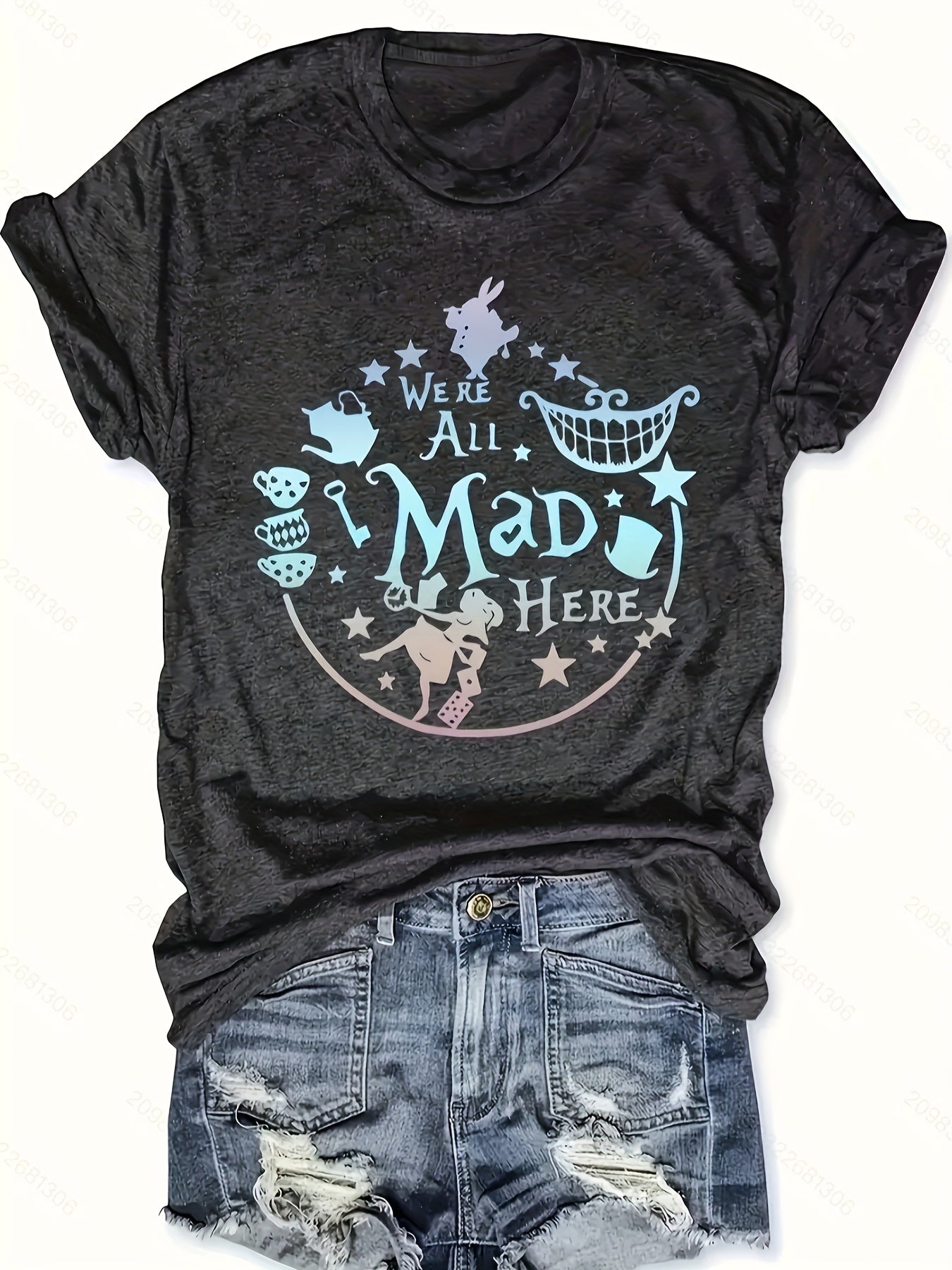 Women's Graphic Print T-Shirt - Crew Neck Short Sleeve Dark Gray – Dark Gray Graphic Design 54885 detail view