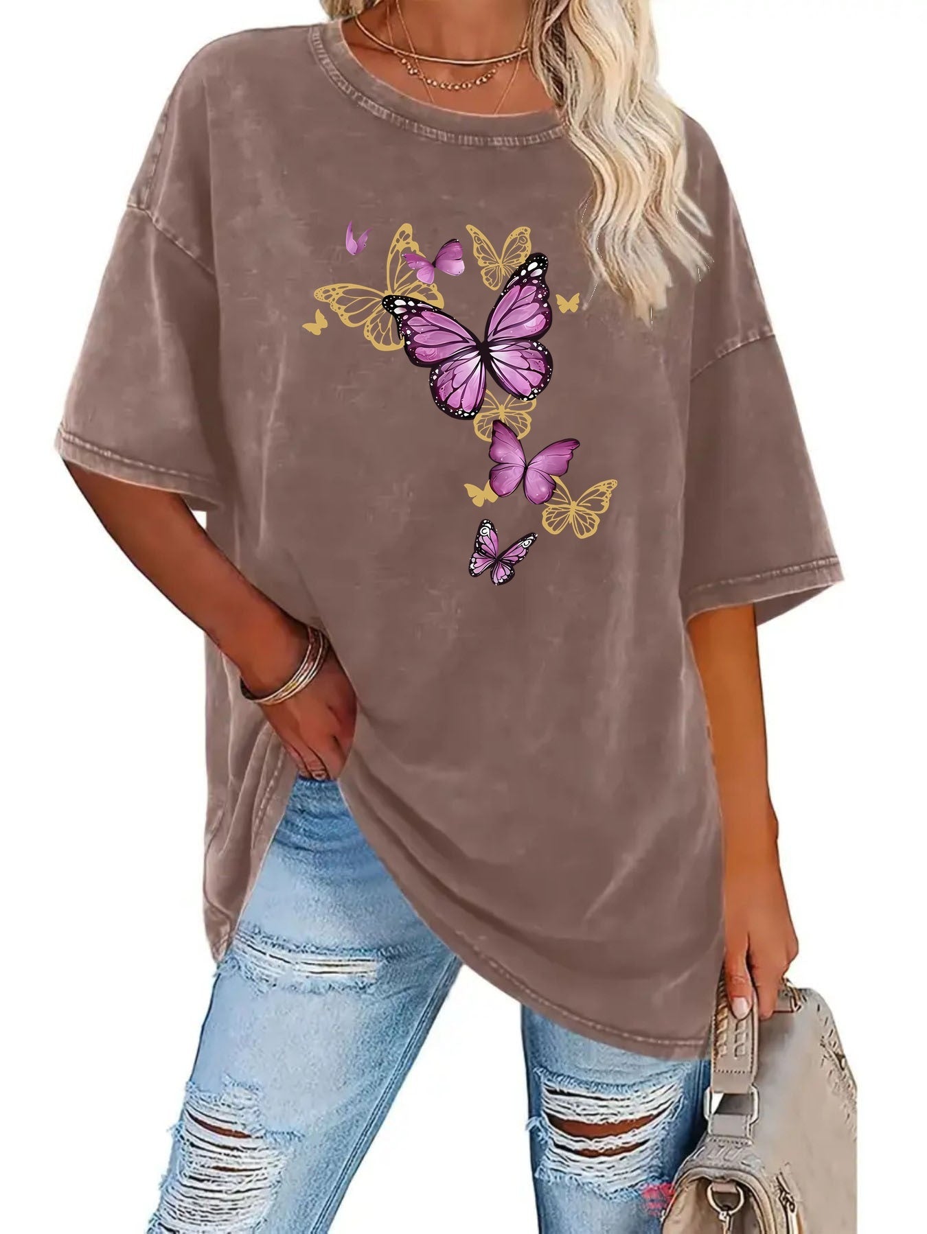 Women's Graphic Print T-Shirt - Crew Neck Short Sleeve Retro Wash Rose Red Design detail view