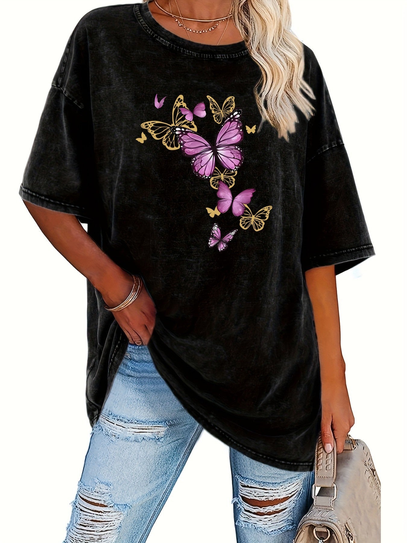Women's Graphic Print T-Shirt - Crew Neck Short Sleeve Retro Wash Rose Red Design detail view