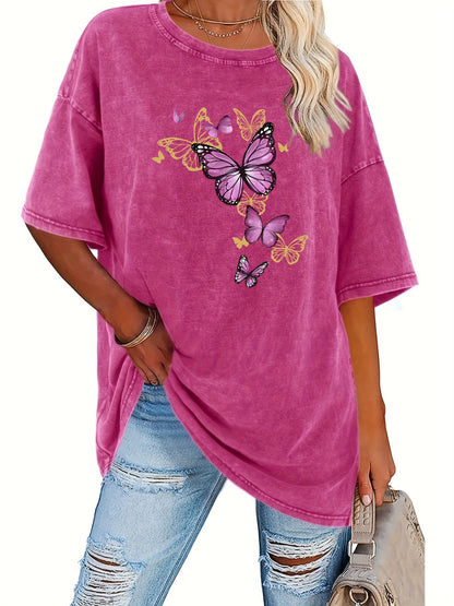 Women's Graphic Print T-Shirt - Crew Neck Short Sleeve Retro Wash Rose Red Design detail view
