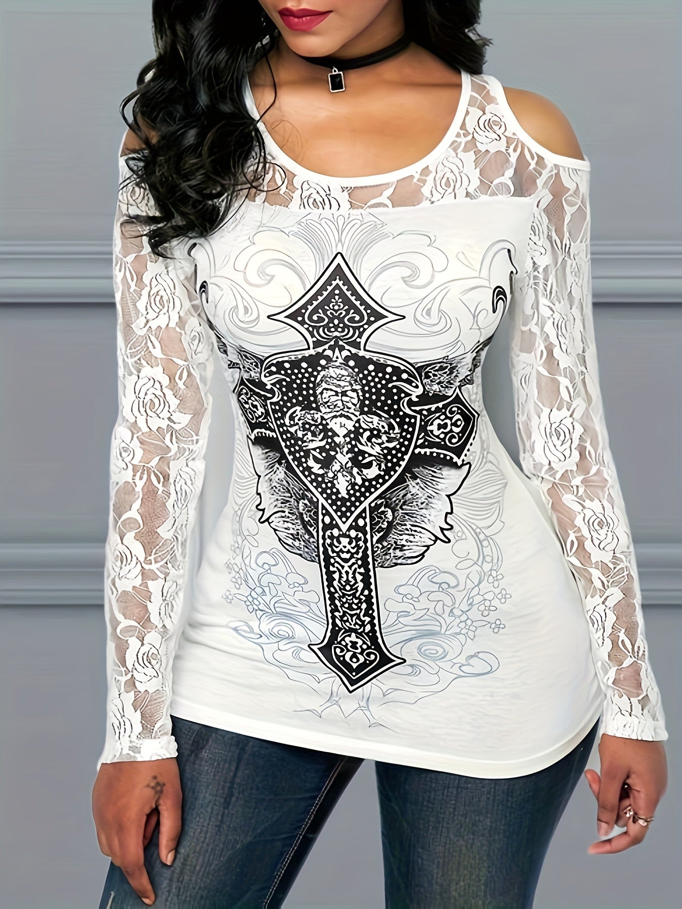 Women's Graphic Print T-Shirt - Round Neck Long Sleeve detail view