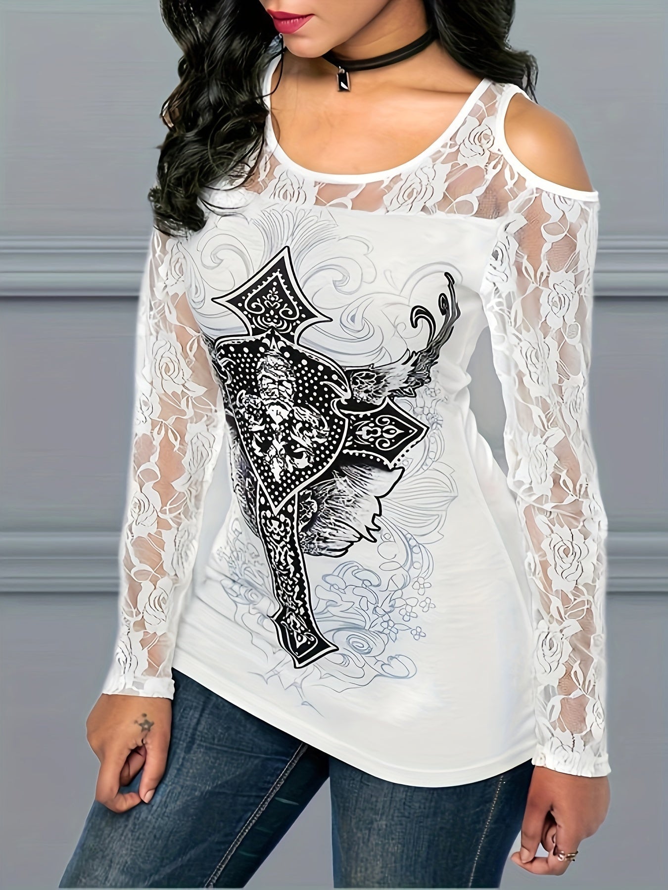 Women's Graphic Print T-Shirt - Round Neck Long Sleeve detail view