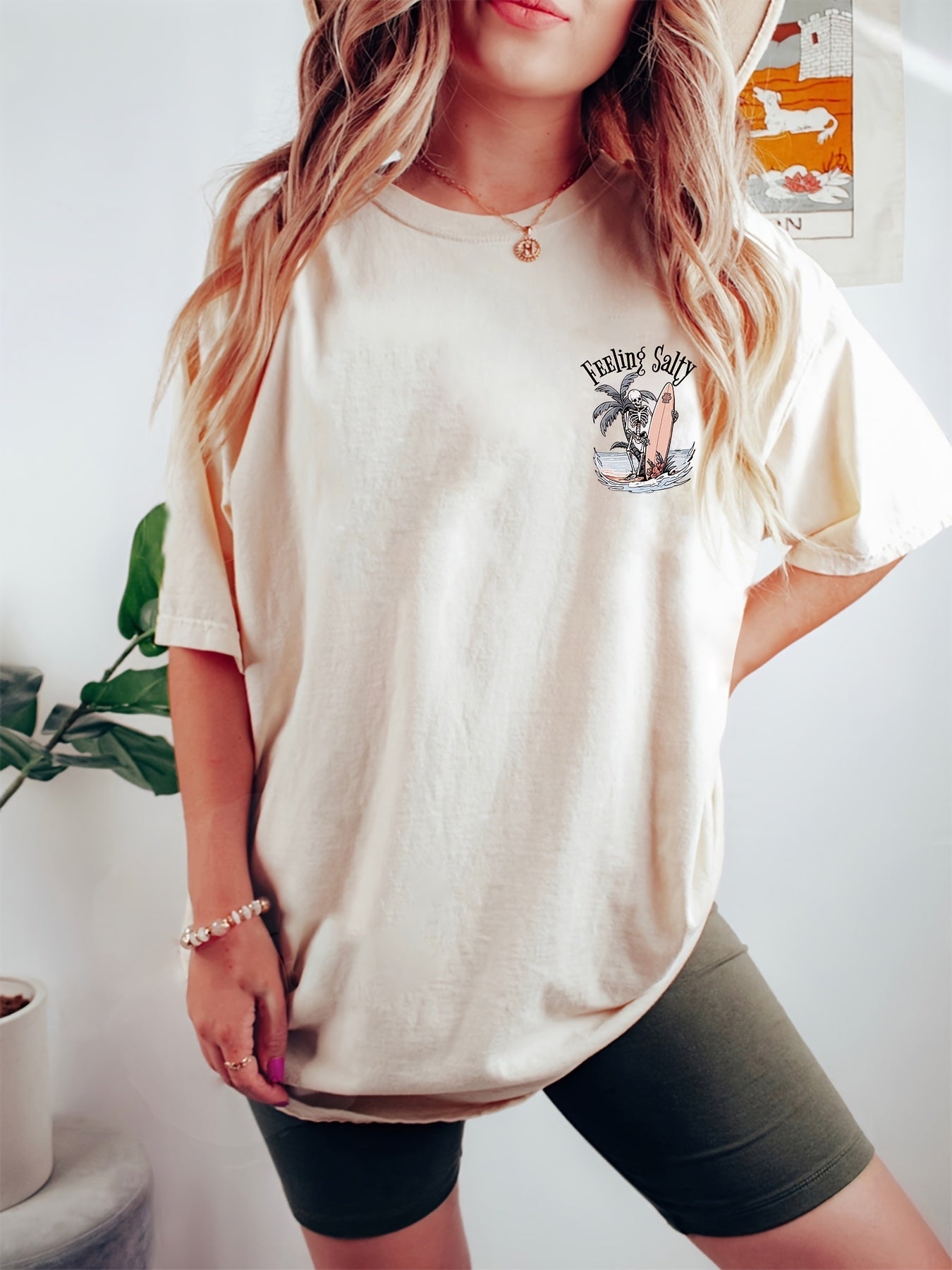 Women's Graphic Print T-Shirt - Round Neck Short Sleeve – Apricot / White – view 4