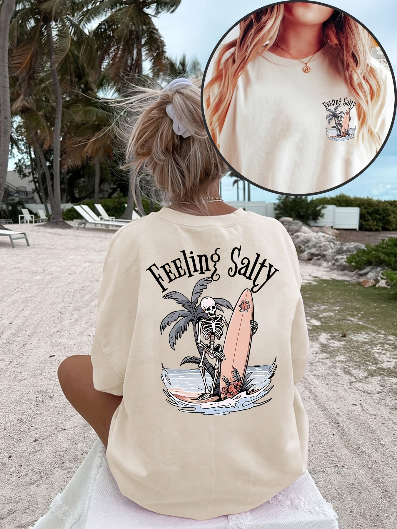 Women's Graphic Print T-Shirt - Round Neck Short Sleeve – Apricot / White – view 7