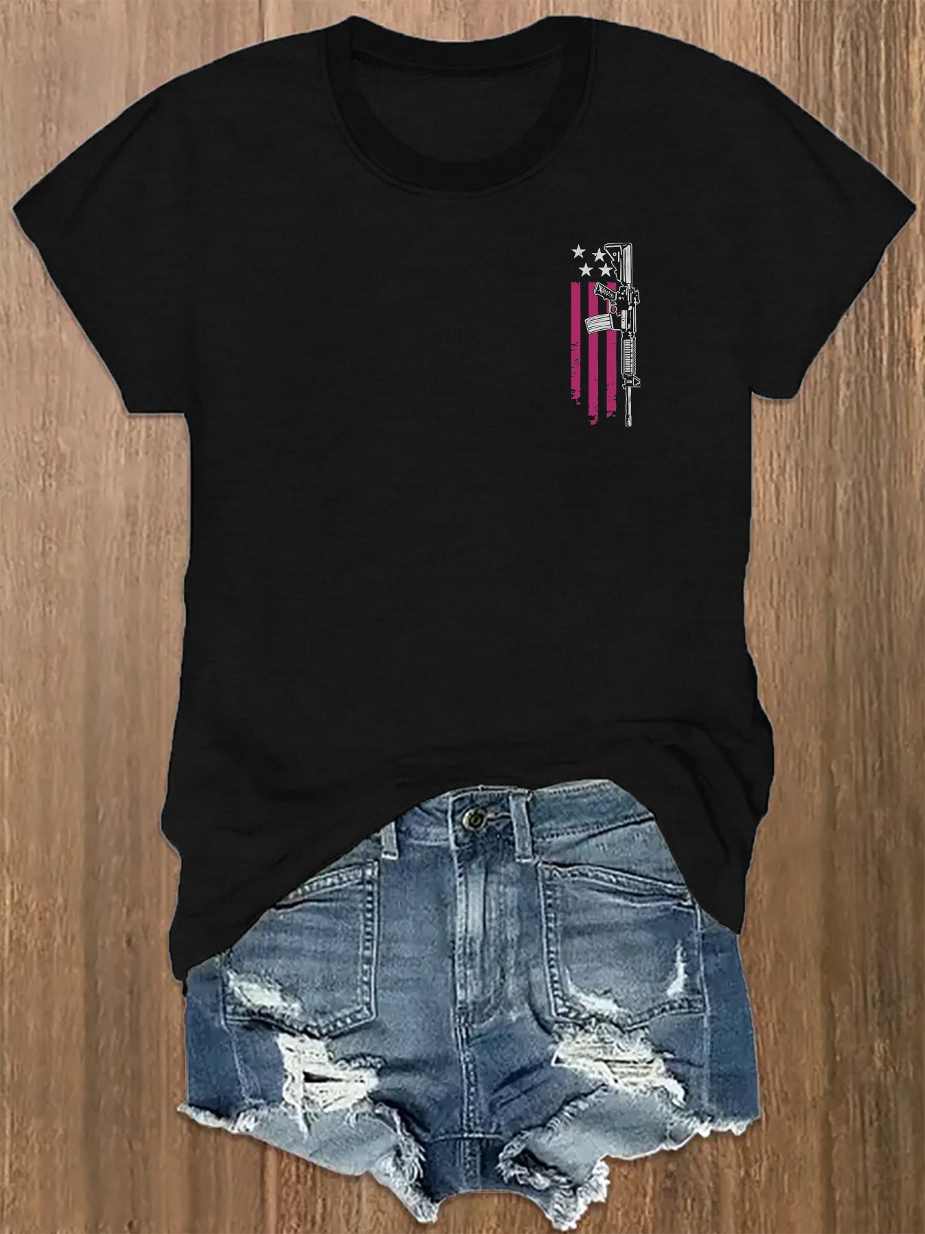Women's Graphic Print T-Shirt - Round Neck Short Sleeve – Black Graphic Design 92293 detail view