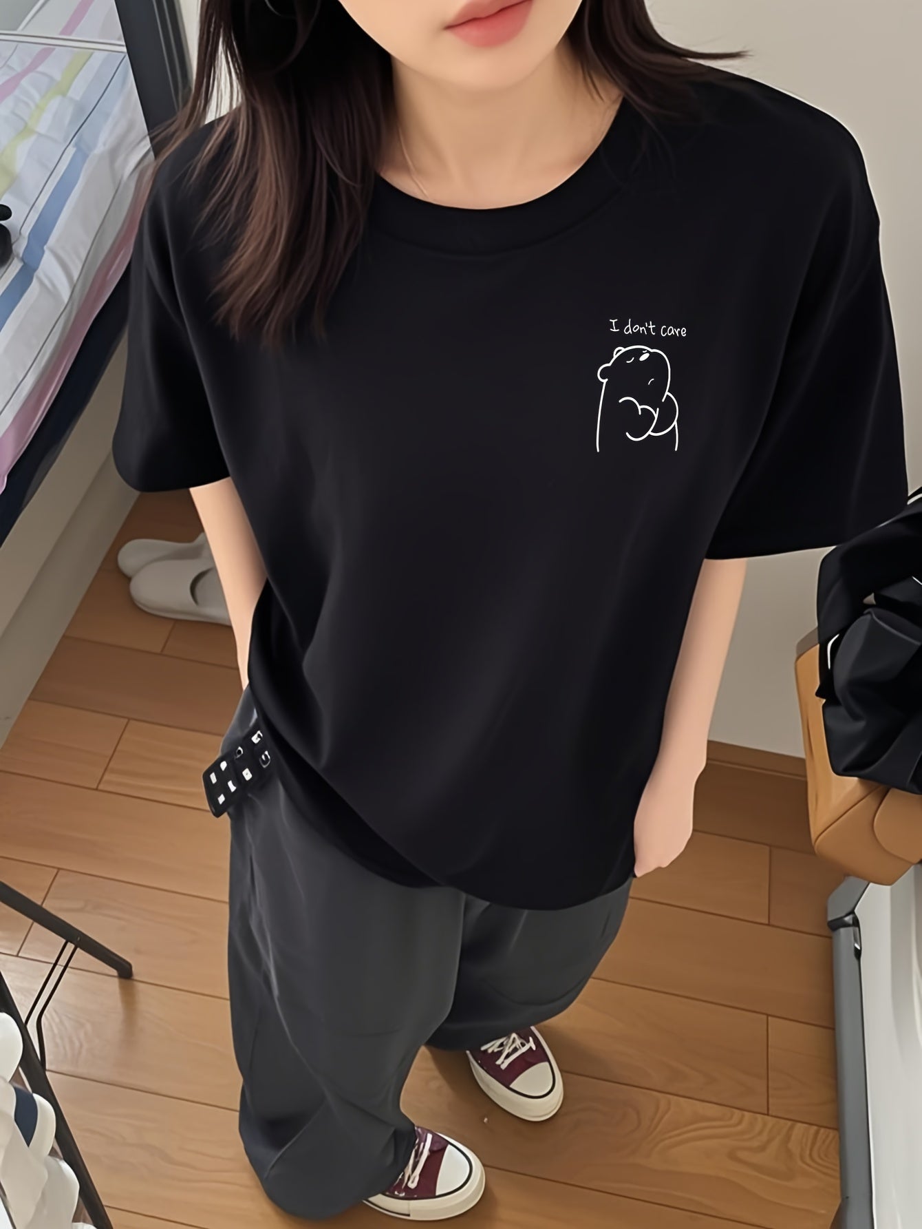 Women's Graphic Print T-Shirt - Round Neck Short Sleeve – Black / White detail view