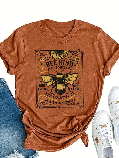 Women's Graphic Print T-Shirt - Round Neck Short Sleeve – Brown detail view