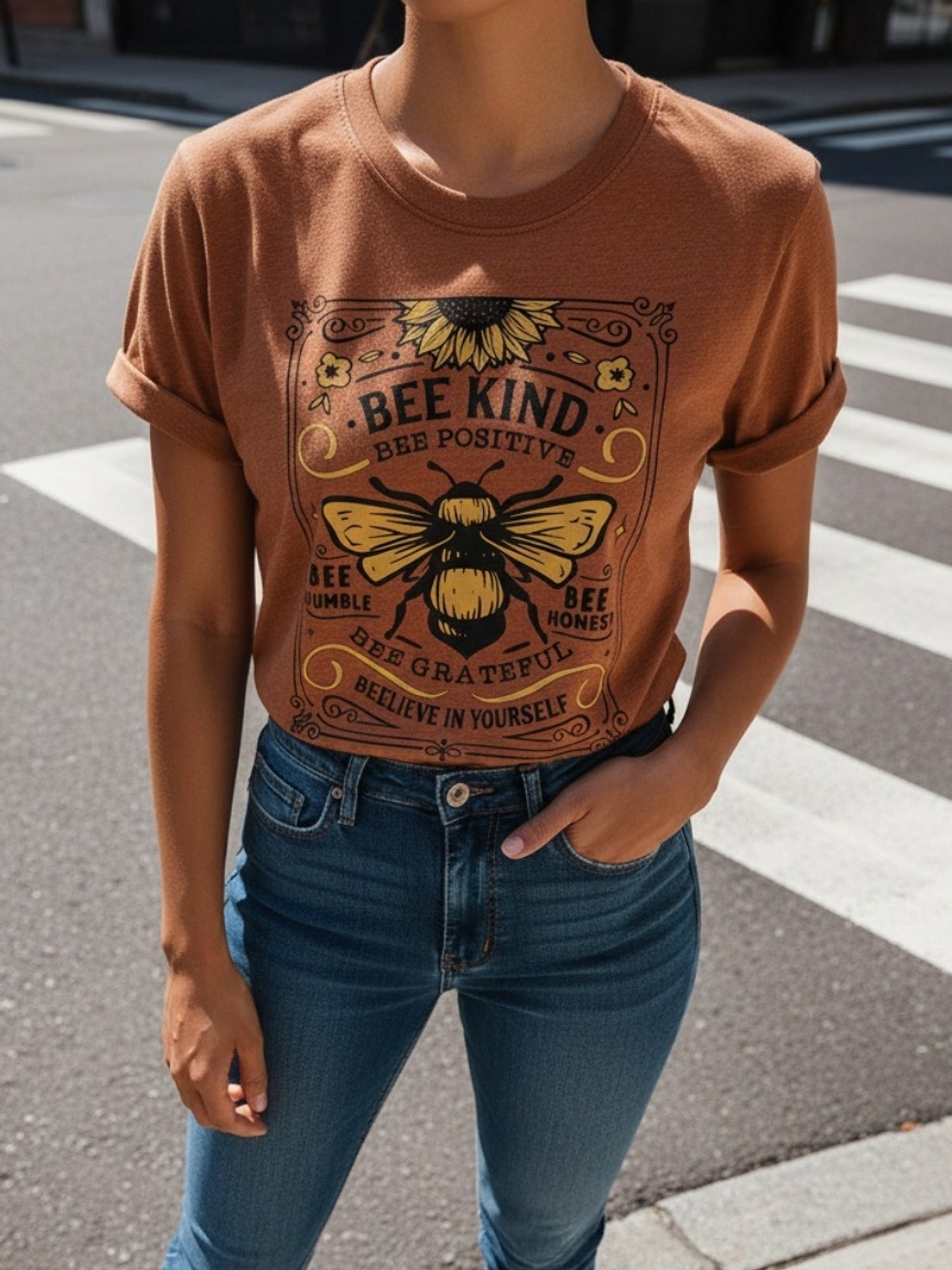 Women's Graphic Print T-Shirt - Round Neck Short Sleeve – Brown detail view