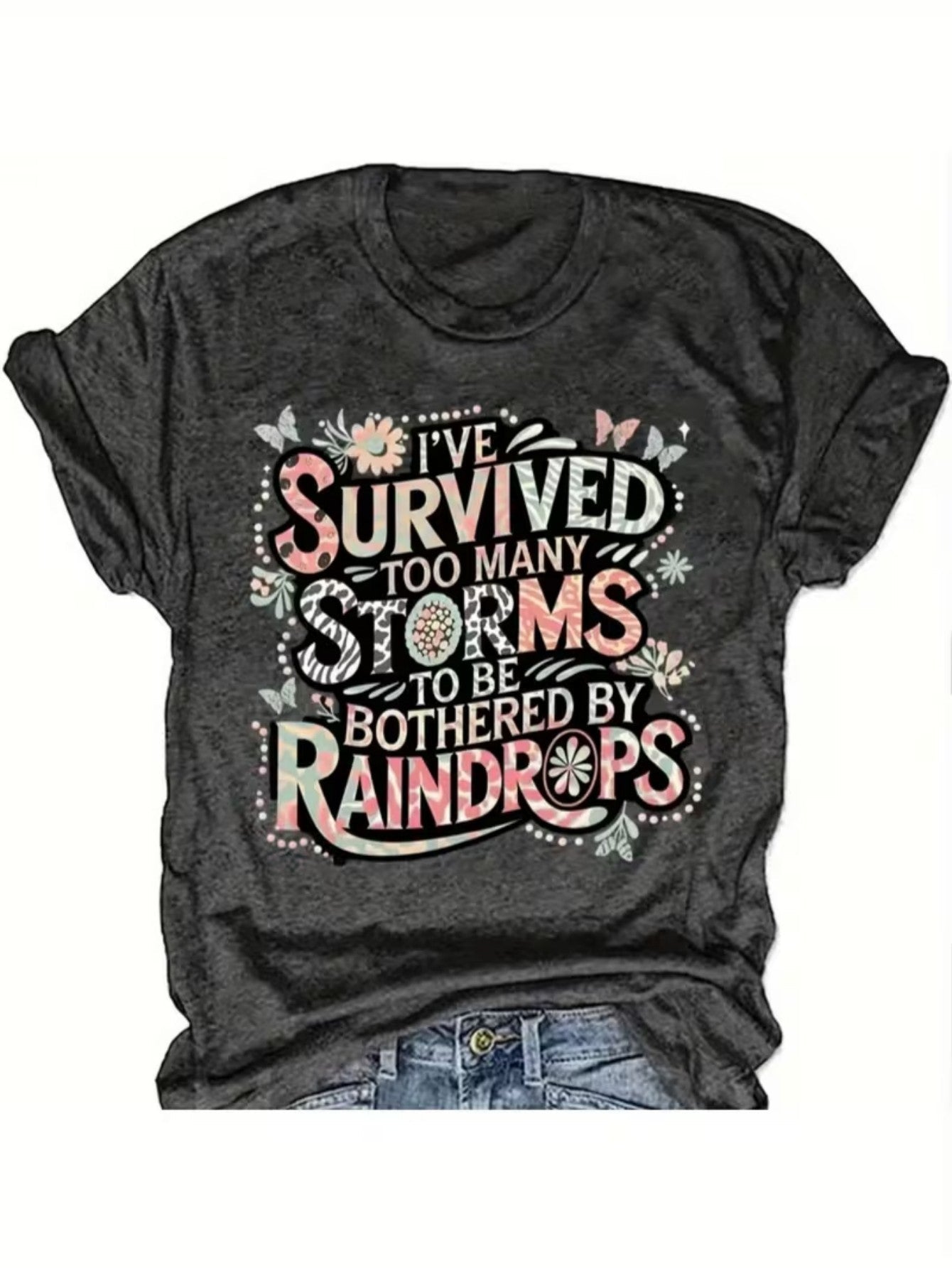 Women's Graphic Print T-Shirt - Round Neck Short Sleeve – Dark Gray detail view