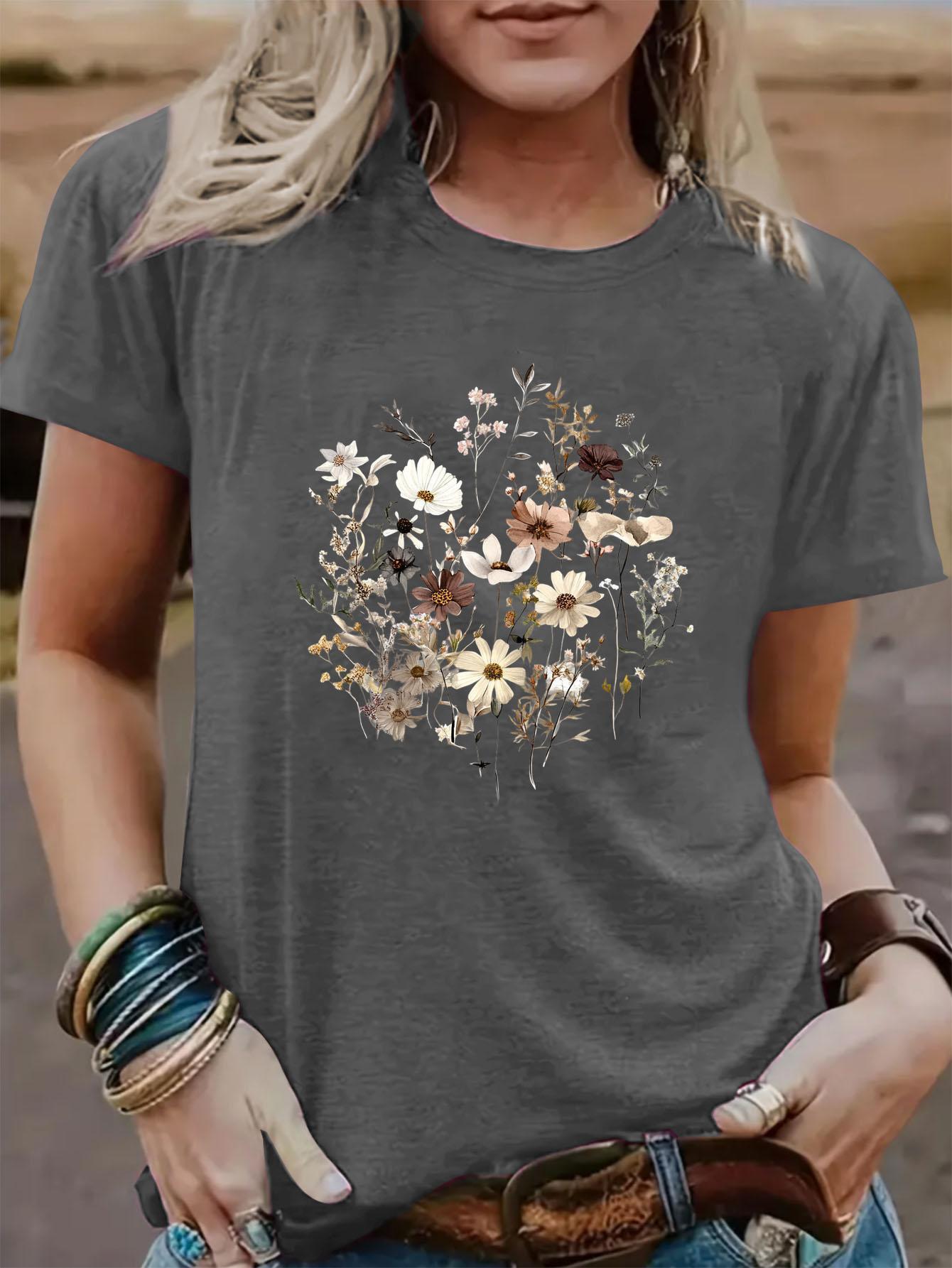 Women's Graphic Print T-Shirt - Round Neck Short Sleeve – Dark Gray / Apricot detail view