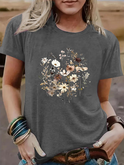 Women's Graphic Print T-Shirt - Round Neck Short Sleeve – Dark Gray / Apricot – Gray option – main product image