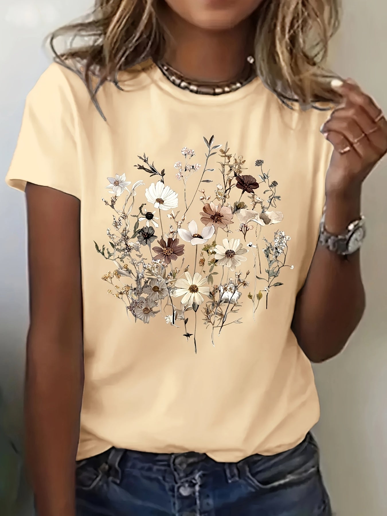 Women's Graphic Print T-Shirt - Round Neck Short Sleeve – Dark Gray / Apricot – Gray option – view 7