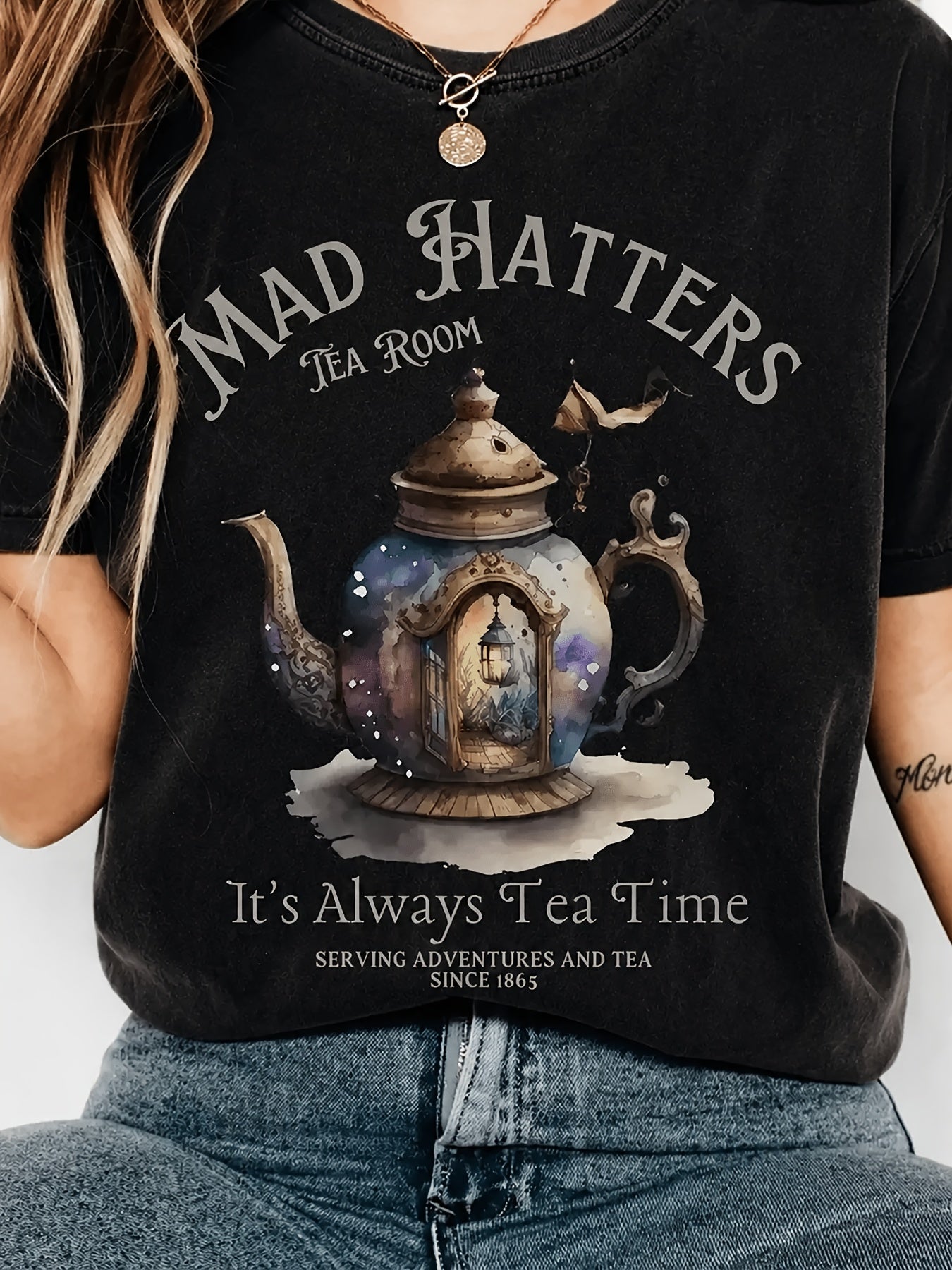 Women's Graphic Print T-Shirt - Round Neck Short Sleeve – Dark Gray / White – Gray option – main product image
