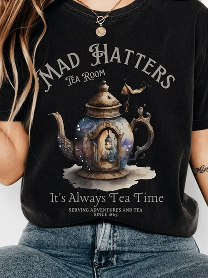 Women's Graphic Print T-Shirt - Round Neck Short Sleeve – Dark Gray / White – Gray option – main product image