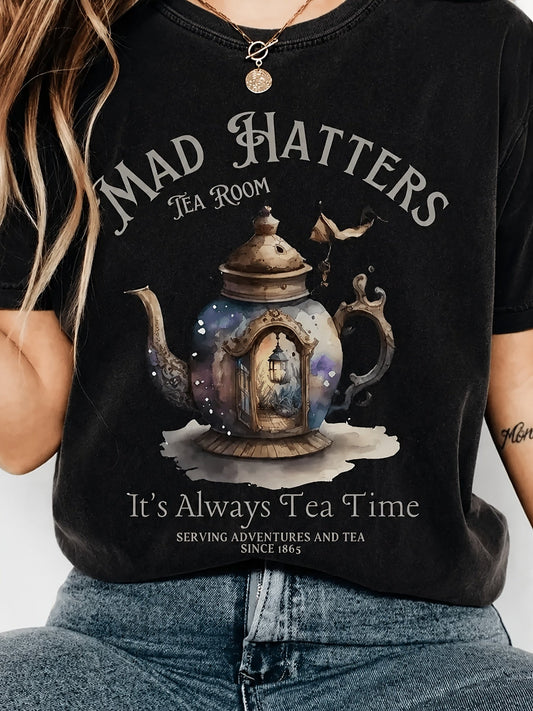Women's Graphic Print T-Shirt - Round Neck Short Sleeve – Dark Gray / White – Gray option – main product image