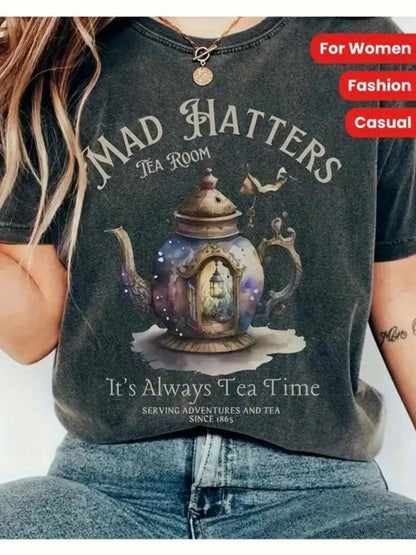 Women's Graphic Print T-Shirt - Round Neck Short Sleeve – Dark Gray / White – Gray option – view 2