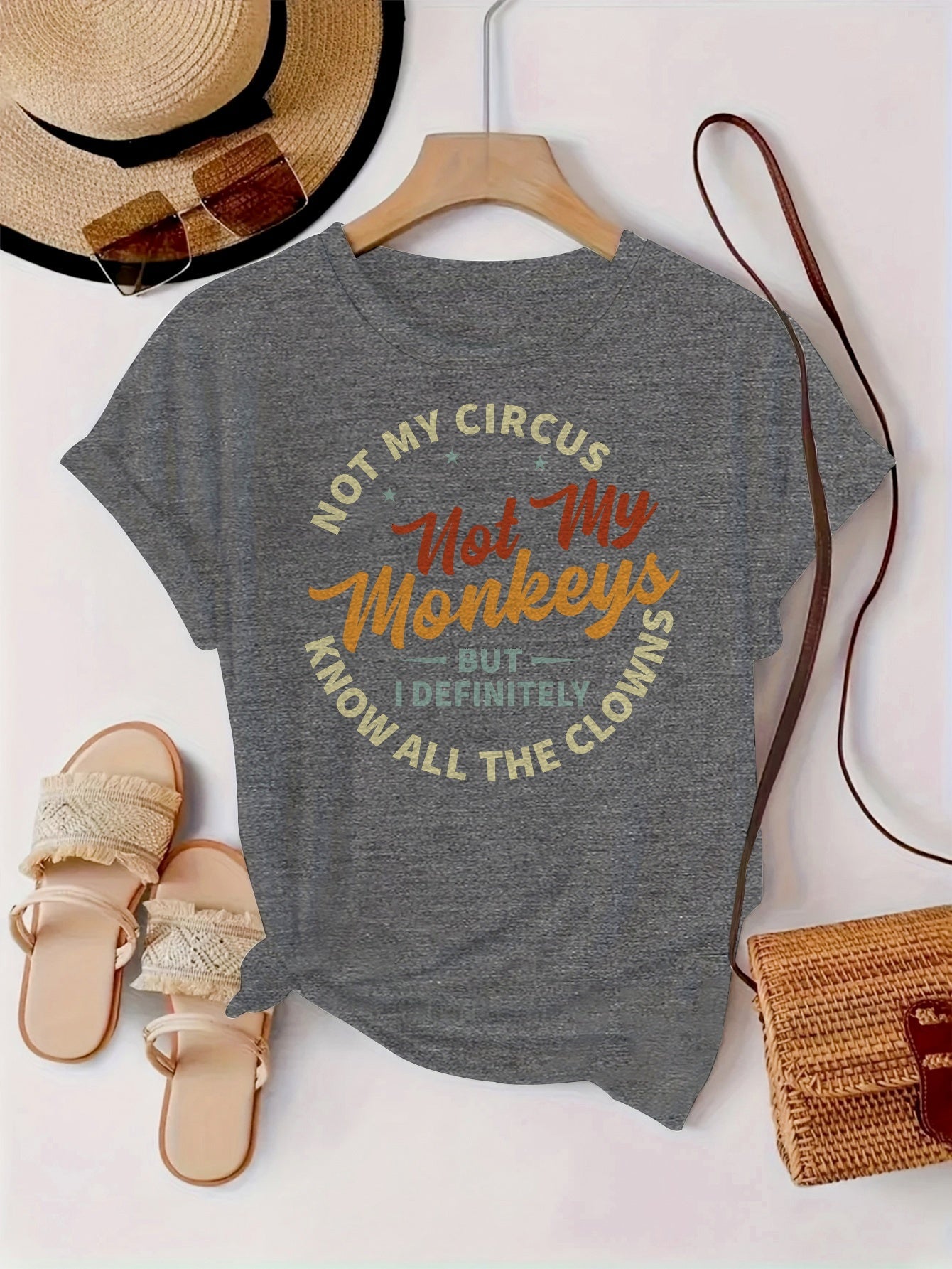 Women's Graphic Print T-Shirt - Round Neck Short Sleeve – Grey detail view