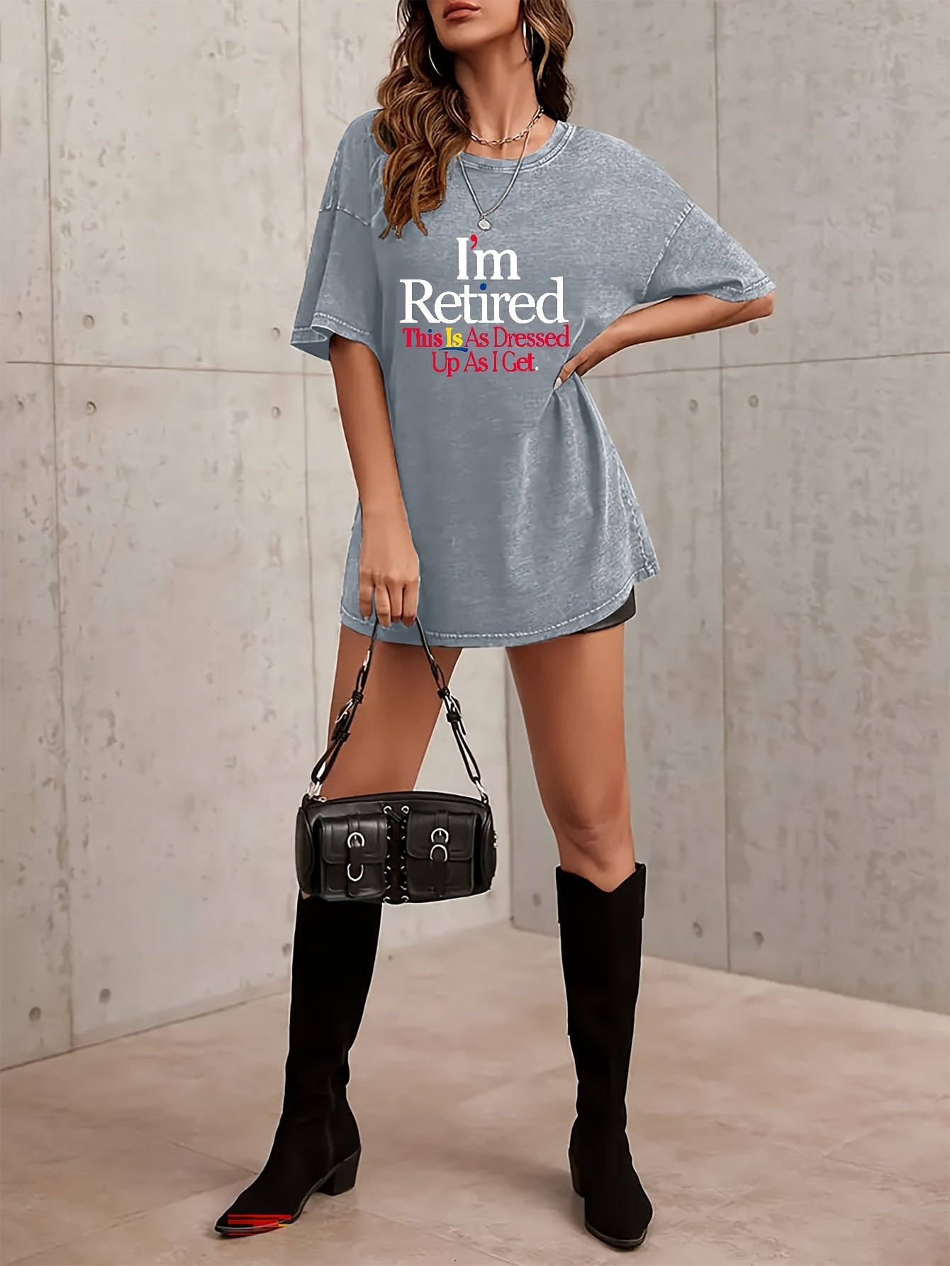 Women's Graphic Print T-Shirt - Round Neck Short Sleeve – Light Gray 2 / Black detail view