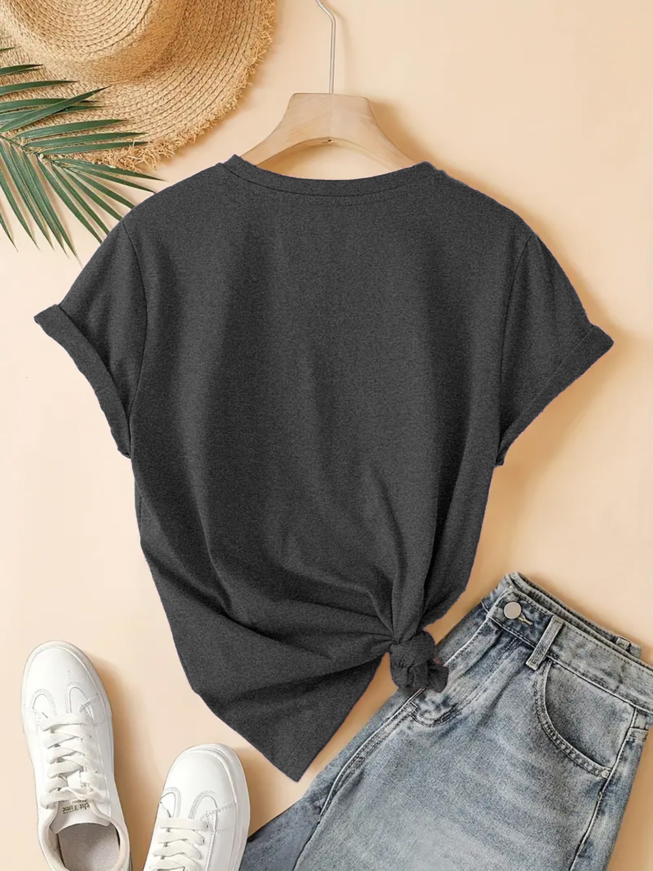 Women's Graphic Print T-Shirt - Round Neck Short Sleeve – Navy Color Knit – view 7