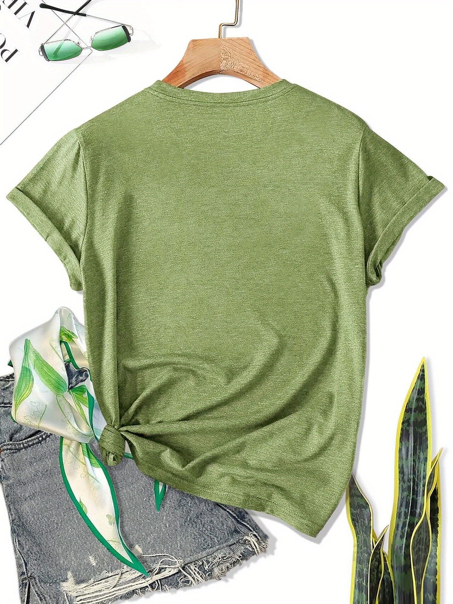 Women's Graphic Print T-Shirt - Round Neck Short Sleeve – Olive / Grey – view 35