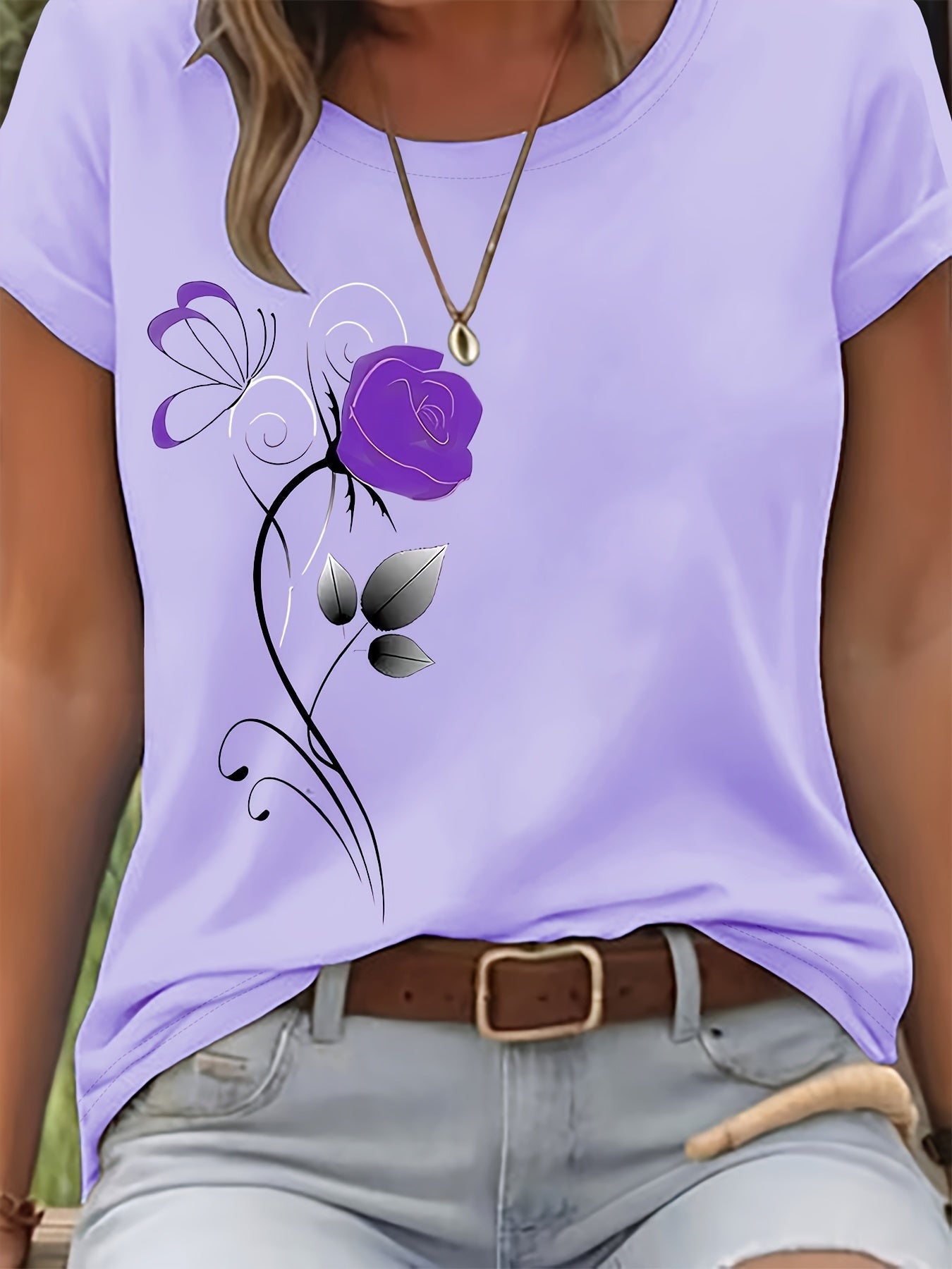 Women's Graphic Print T-Shirt - Round Neck Short Sleeve – Purple – view 4