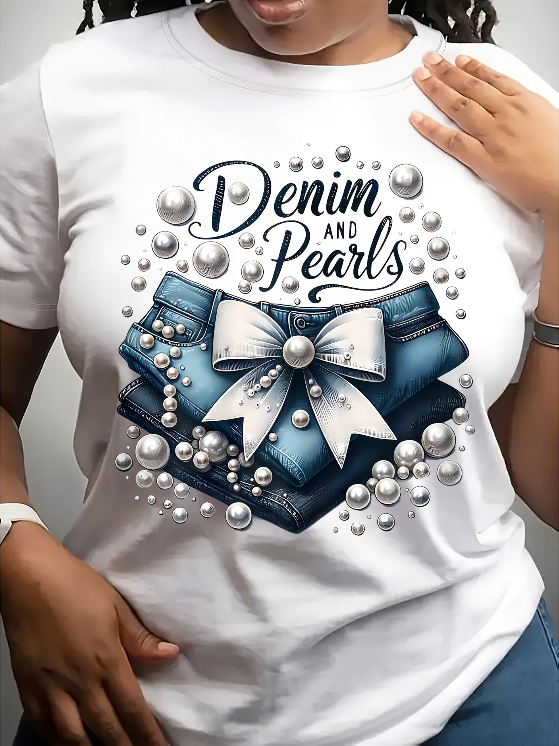 Women's Graphic Print T-Shirt - Round Neck Short Sleeve – Sky Blue / White detail view