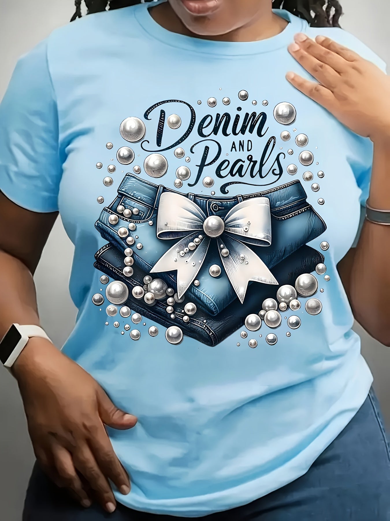 Women's Graphic Print T-Shirt - Round Neck Short Sleeve – Sky Blue / White detail view