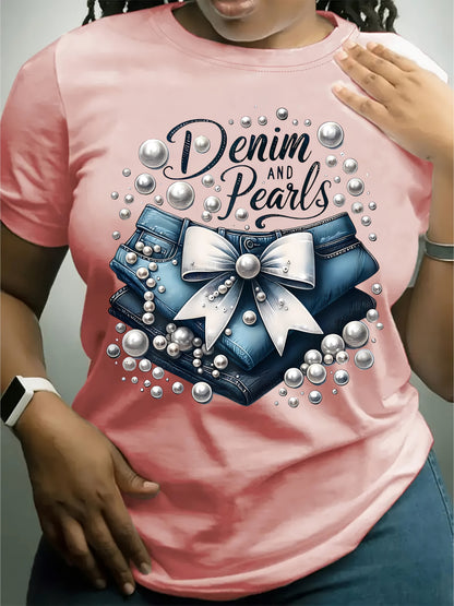 Women's Graphic Print T-Shirt - Round Neck Short Sleeve – Sky Blue / White detail view
