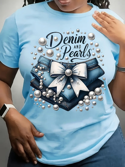 Women's Graphic Print T-Shirt - Round Neck Short Sleeve – Sky Blue / White – Blue option – view 3