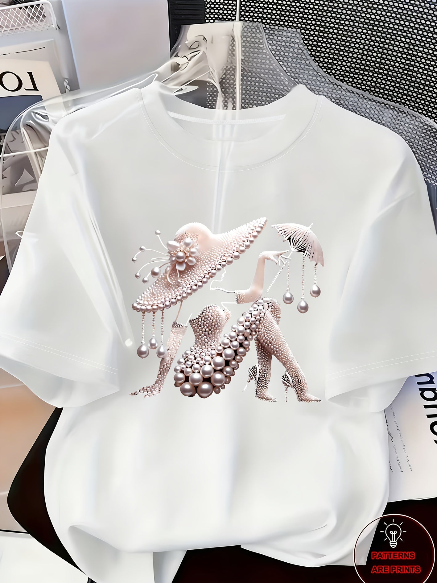 Women's Graphic Print T-Shirt - Round Neck Short Sleeve – White 1 / White – White option – view 4