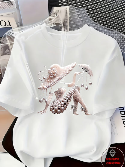 Women's Graphic Print T-Shirt - Round Neck Short Sleeve – White 1 / White – White option – view 4