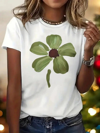 Women's Graphic Print T-Shirt - Round Neck Short Sleeve – White Graphic Design 36997 detail view