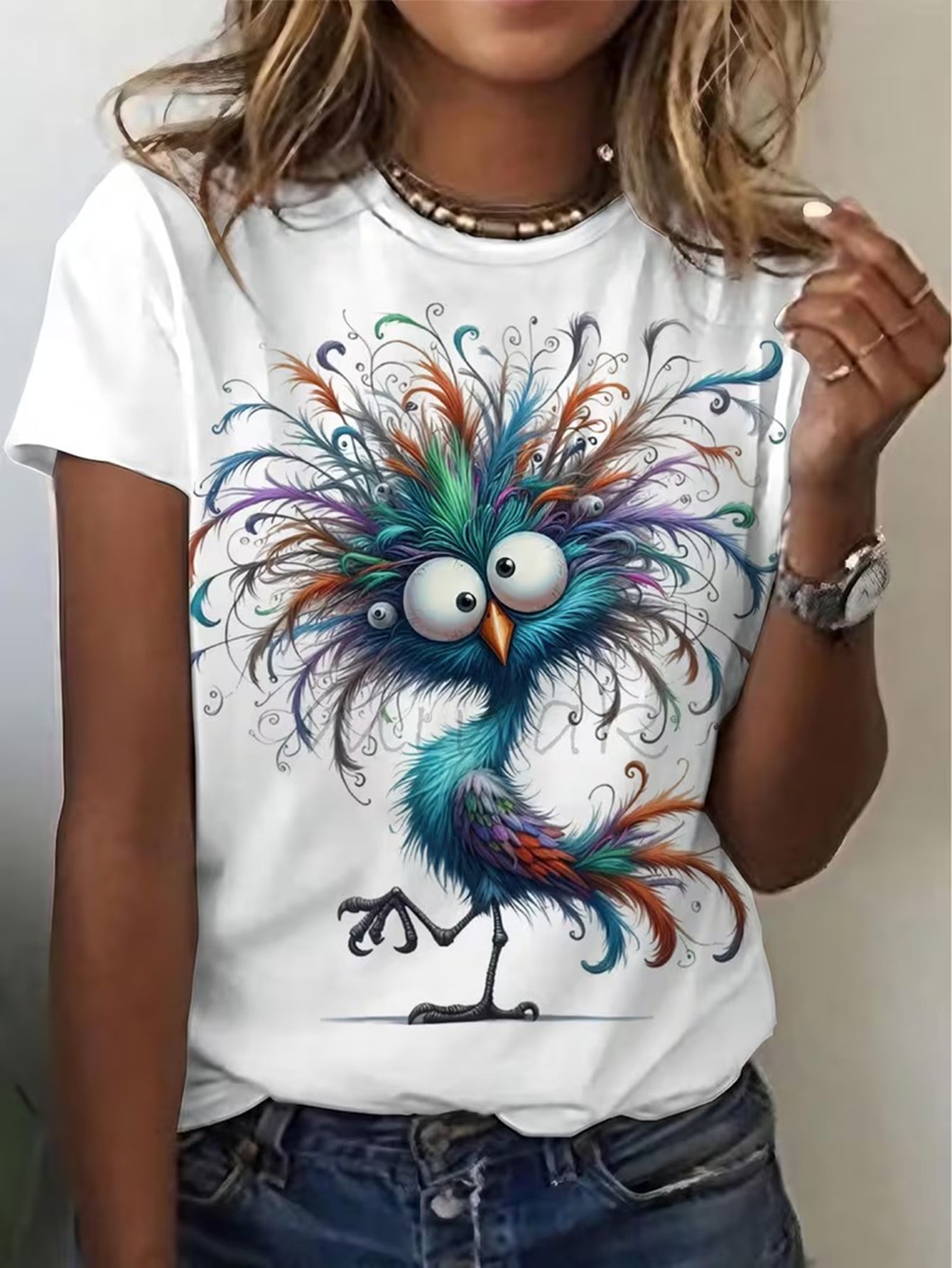 Women's Graphic Print T-Shirt - Round Neck Short Sleeve – White Knit Printed – view 6