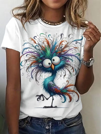 Women's Graphic Print T-Shirt - Round Neck Short Sleeve – White Knit Printed – view 6