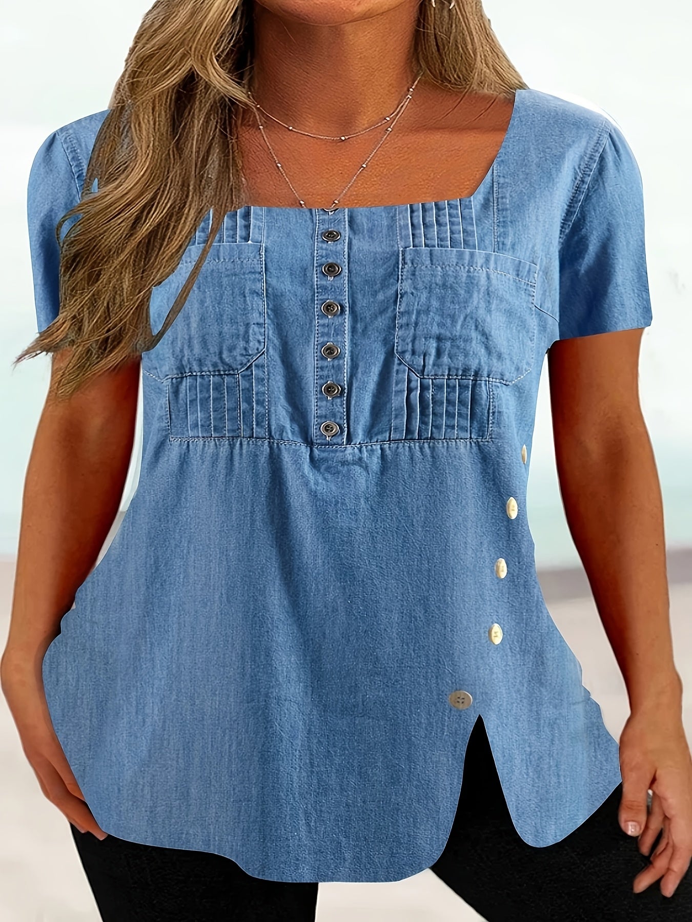 Women's Graphic Print T-Shirt - Square Neck Short Sleeve detail view