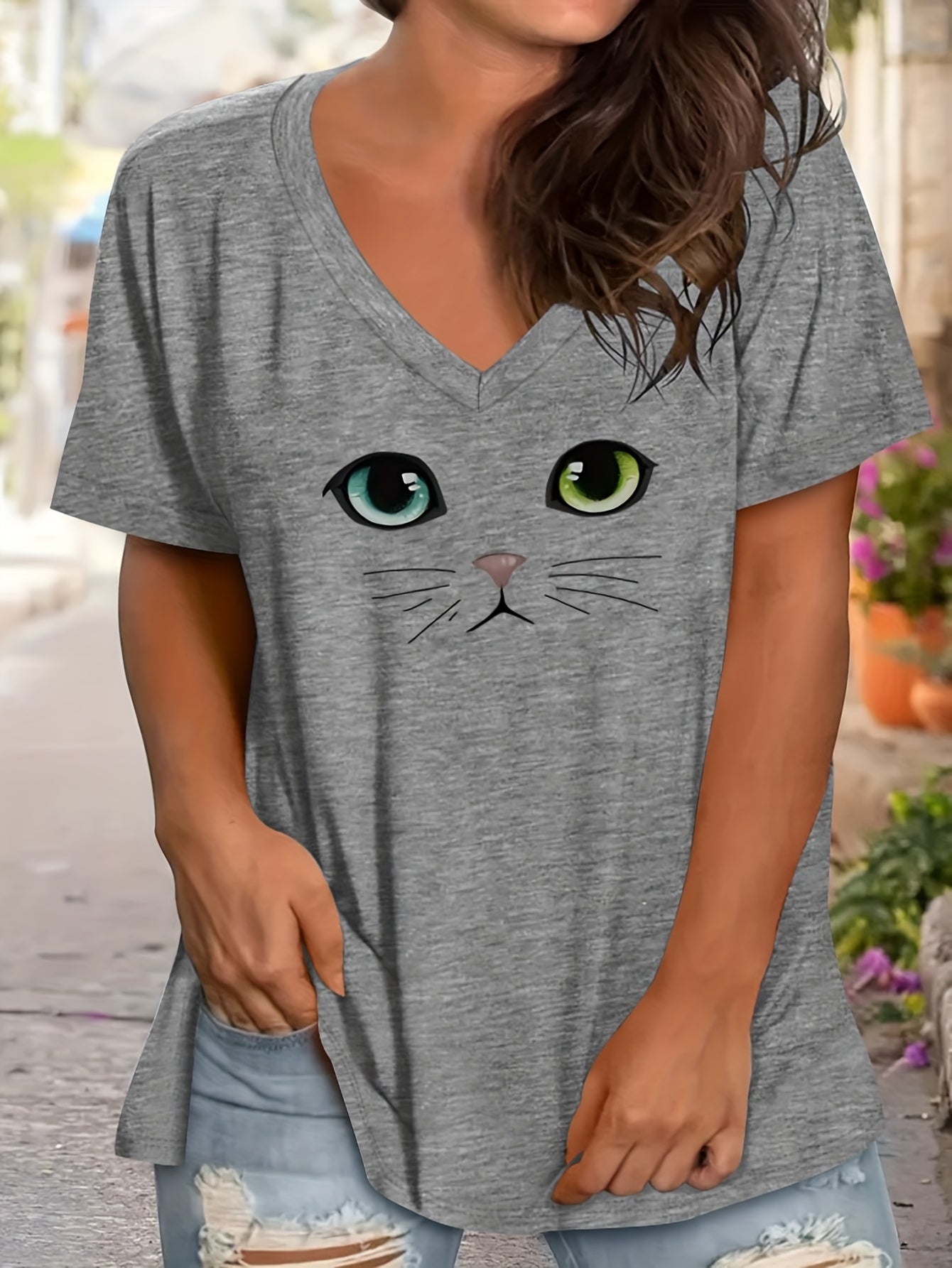 Women's Graphic Print T-Shirt - V-Neck Half Sleeve detail view