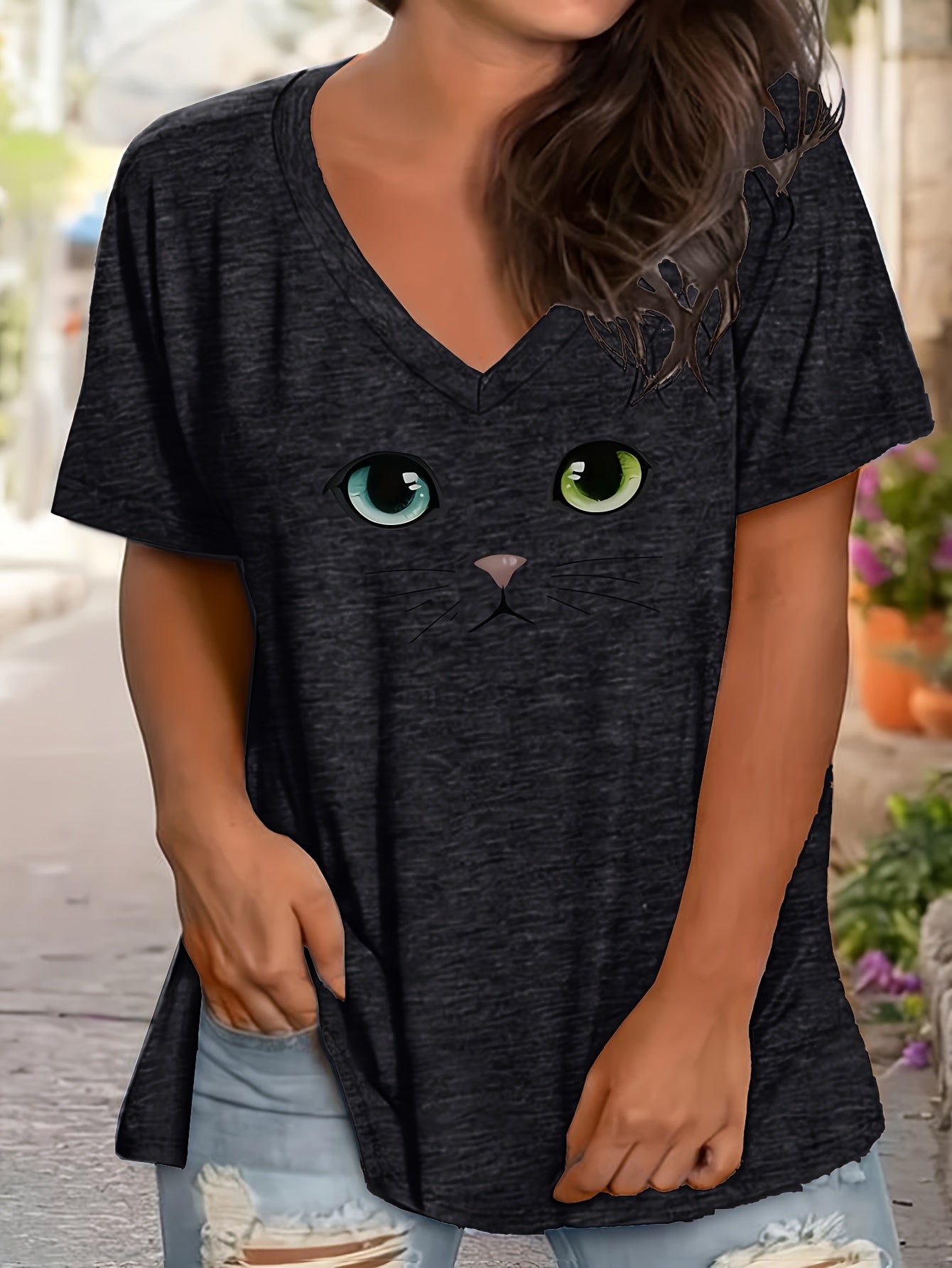 Women's Graphic Print T-Shirt - V-Neck Half Sleeve detail view