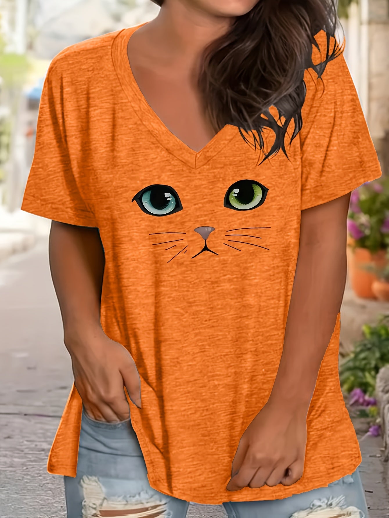 Women's Graphic Print T-Shirt - V-Neck Half Sleeve detail view
