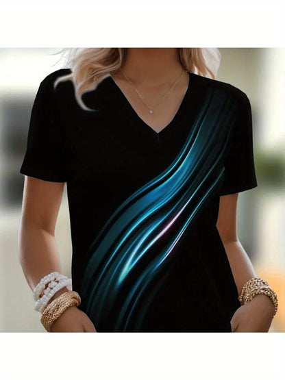 Women's Graphic Print T-Shirt - V-Neck Short Sleeve – Black detail view