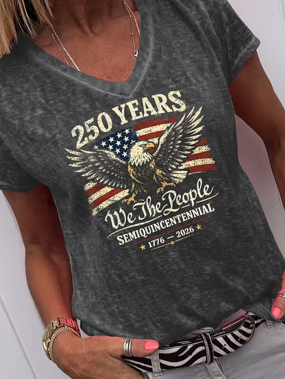 Women's Graphic Print T-Shirt - V-Neck Short Sleeve – Dark Gray detail view