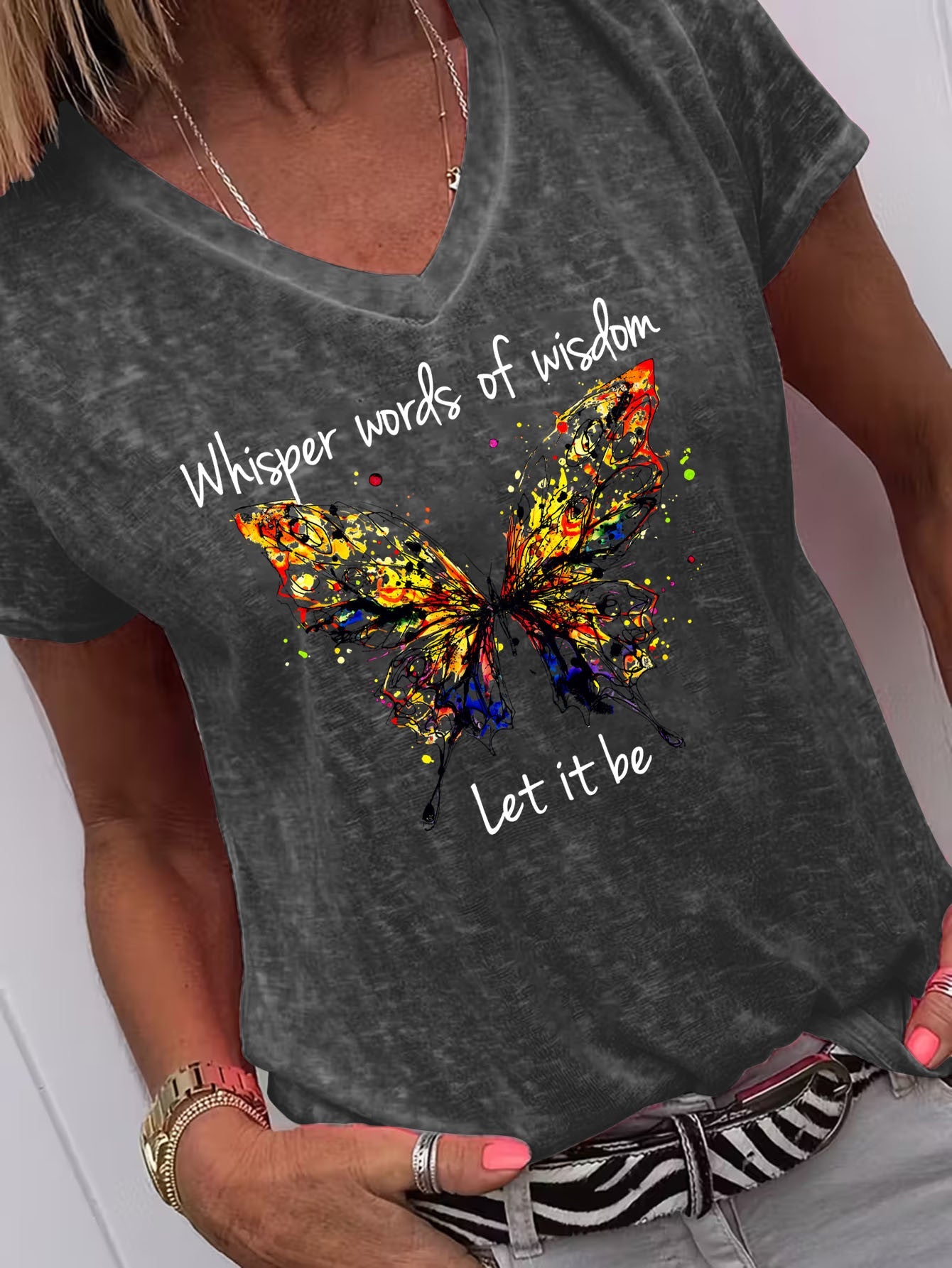 Women's Graphic Print T-Shirt - V-Neck Short Sleeve – Dark Gray / Orange detail view