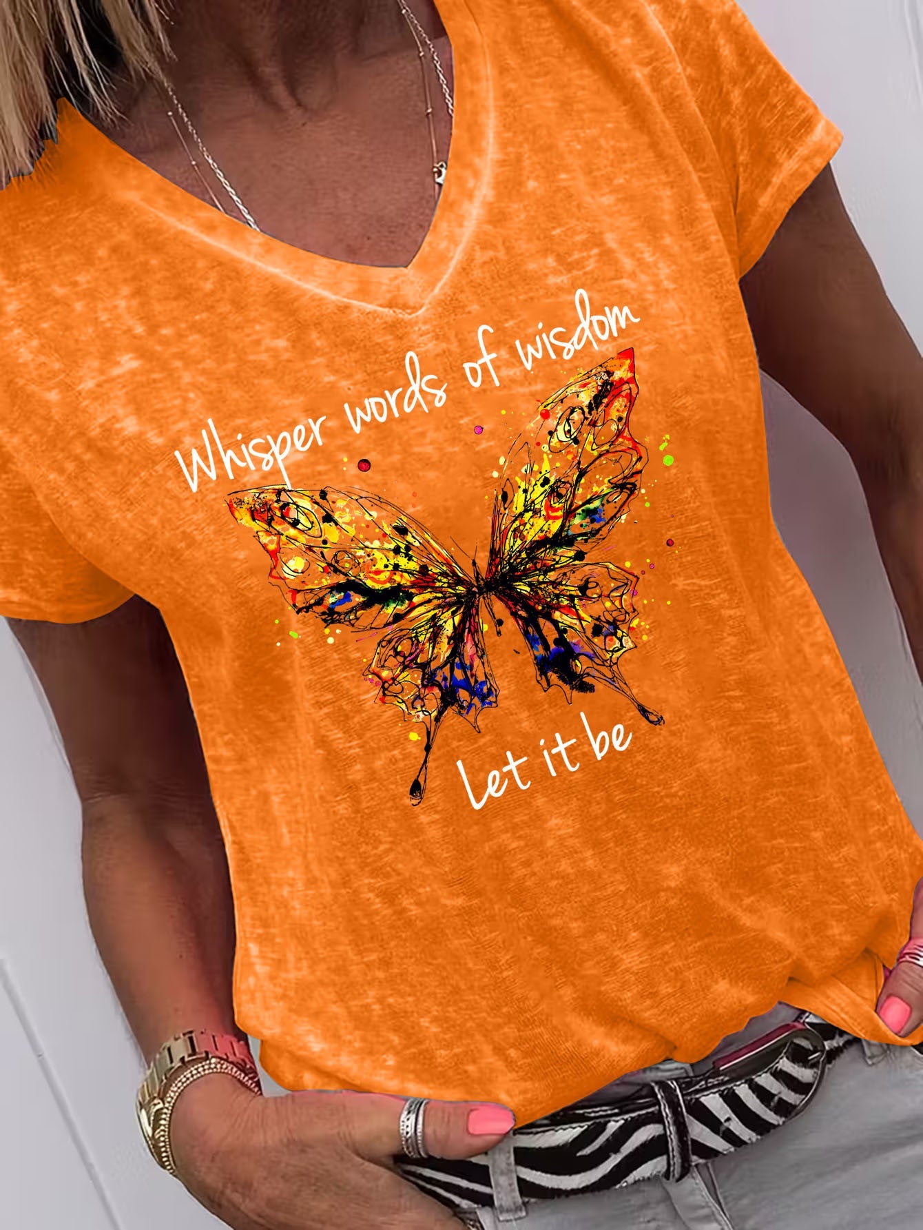 Women's Graphic Print T-Shirt - V-Neck Short Sleeve – Dark Gray / Orange detail view