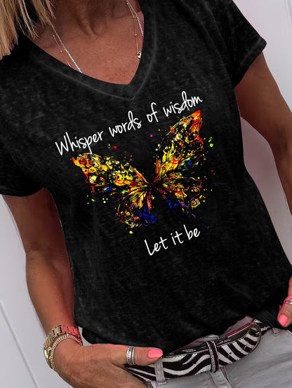 Women's Graphic Print T-Shirt - V-Neck Short Sleeve – Dark Gray / Orange detail view
