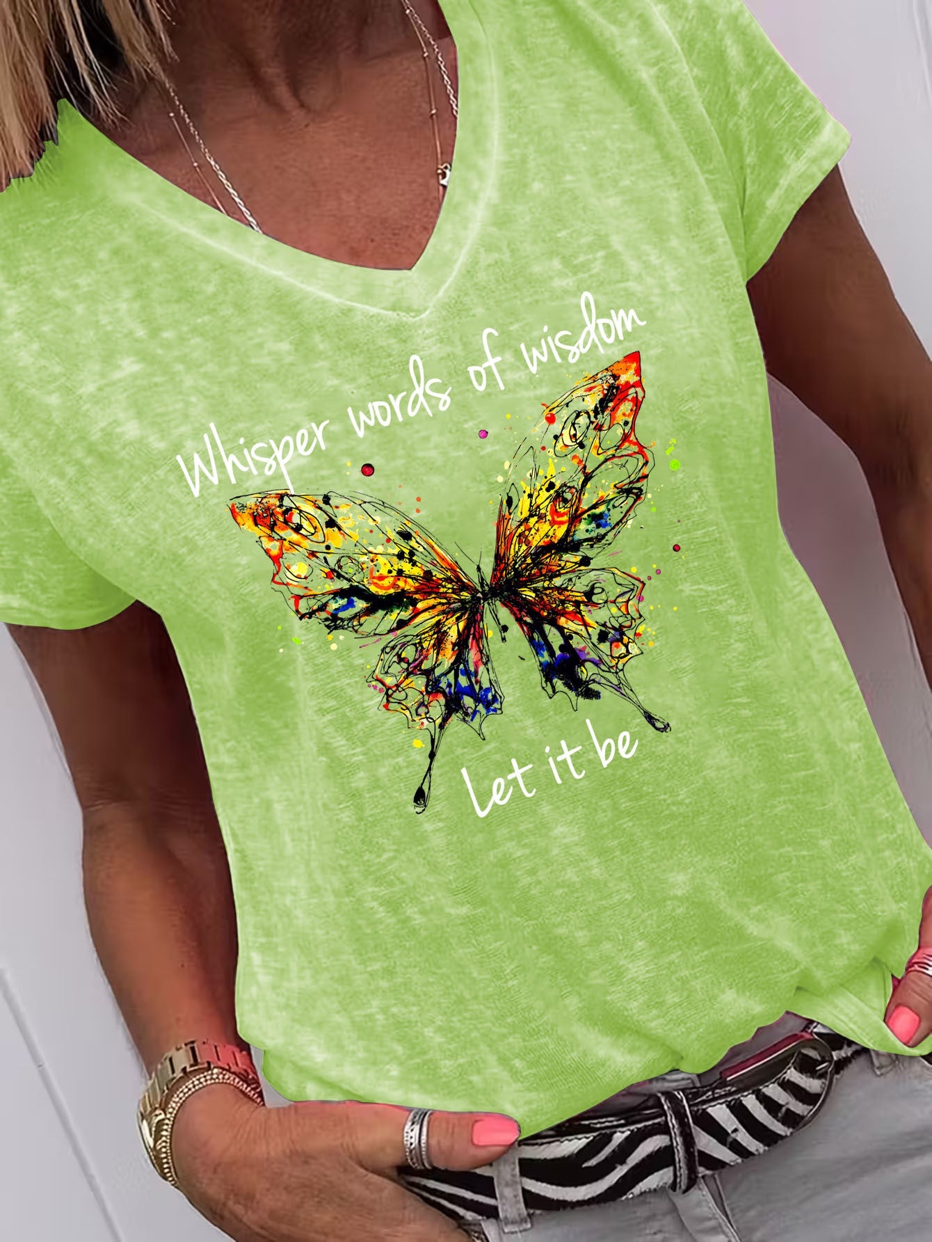Women's Graphic Print T-Shirt - V-Neck Short Sleeve – Dark Gray / Orange – Gray option – view 2